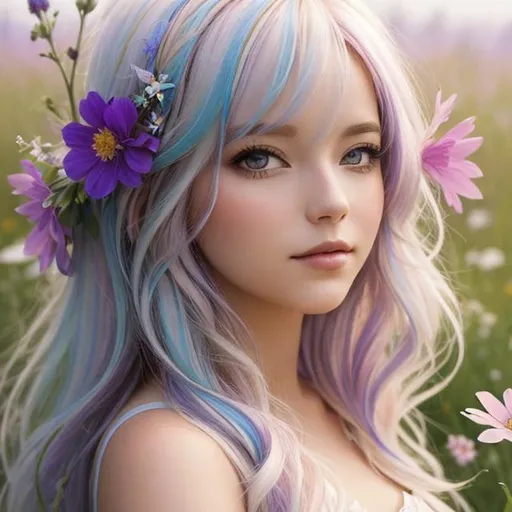 Prompt: a fairy , etherial, light colored hair,surrounded with wildflowers