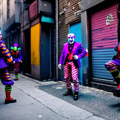 Prompt: getting jumped by cyberpunk clowns  in cyberpunk alleyway  