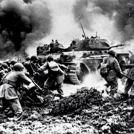 Prompt: world war 2 german
 soldiers attacking french soldiers with tanks