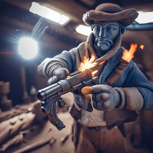 Prompt: clay statue style. Man shooting a powerful gun. refine the hands. flame from the barrel. make right hand hold trigger. left hand holds barrel. 
