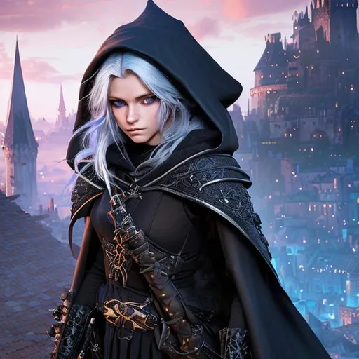 Prompt: Portrait of a 20-something human woman medieval thief with white hair, sapphire blue eyes, and a cute face, perched on a rooftop of a fantasy city in dark clothes, a black cloak, a dagger on each thigh, a short sword on her left hip, and a black bow and a black quiver across her back, perfect composition, hyperrealistic, super detailed, 8k, high quality, sharp focus, studio photo, intricate details, highly detailed,