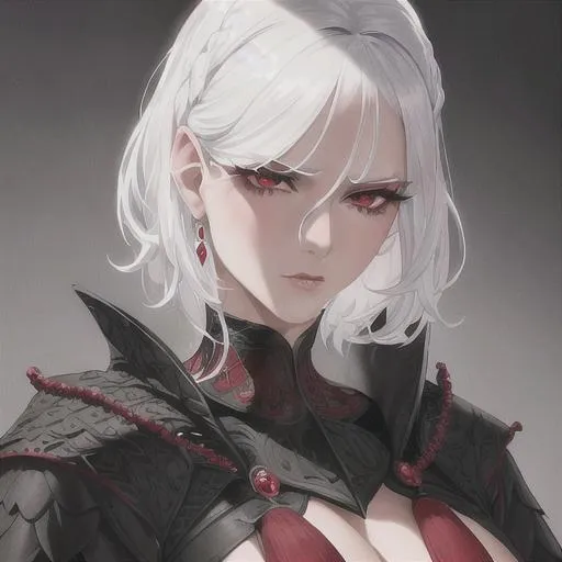 Prompt: "A close-up photo of a handsome girl with short curly hair, white hair, red eyes, black eyelashes, wearing a kings robe, in hyperrealistic detail, with a slight hint of disgust in her eyes. His face is the center of attention, with a sense of allure and mystery that draws the viewer in, but her eyes are also slightly downcast, as if a sense of disgust is lingering in her thoughts. The detailing of his face is stunning, with every pore, freckle, and line rendered in vivid detail, but the image also captures the subtle emotions of disgust that might lie beneath her surface."