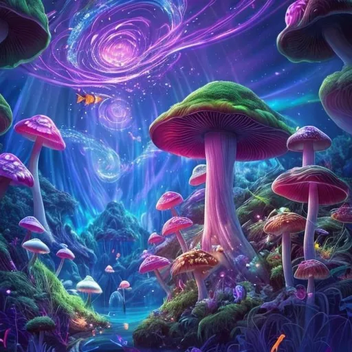 Prompt: A mystical realm with magical lights. Fish and turtles are floating in the sky. There is a floating island in the sky. A celestial dimension with aurora waves and the waterfall is flowing to the ground from mid air. Mushrooms are glowing with luminous light on the ground.  Celestial fireflies in the air with magic. 