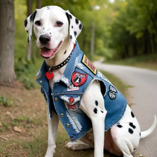 Prompt: dalmatian wearing a heavy metal music denim vest with patches