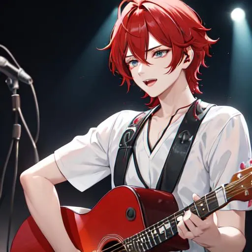Prompt: Zerif 1male (Red side-swept hair covering his right eye) singing and playing the guitar at a concert, UHD, 8K, highly detailed