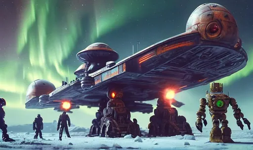 Prompt: huge old rusty spaceship getting repaired  by robots ice planet sparks fire welding people working aurora many colours   guard drinking milk enhance detail turret on spaceship