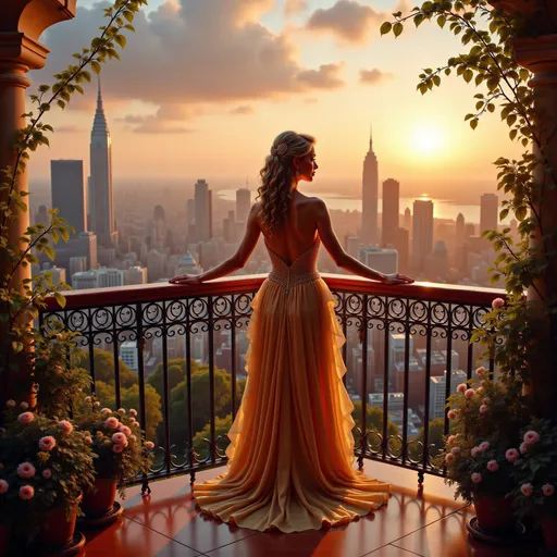 Prompt: A woman in a flowing gold dress, standing gracefully on an elegant balcony, overlooking a sprawling cityscape bathed in the warm glow of the sunset. The skyline reveals towering buildings and twinkling lights, evoking a sense of serenity and grandeur. Lush greenery frames the balcony, enhancing the romantic ambiance. The scene is captured in ultra-detailed, cinematic quality, exuding sophistication and beauty.