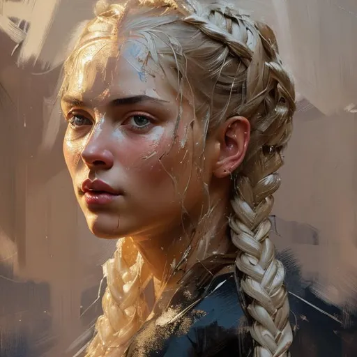 Prompt: blond braids, heavy brushstrokes, textured paint, impasto paint, intricate, cinematic lighting, oil painting, dramatic, 8k, trending on artstation, painting by Vittorio Matteo Corcos and Albert Lynch and Tom Roberts