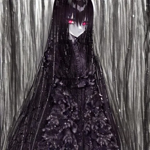 Prompt: A creepy goth girl with dark makeup standing in a mossy forest wearing a black dress with long flowy sleeves. She looks like something out of a Japanese horror tale