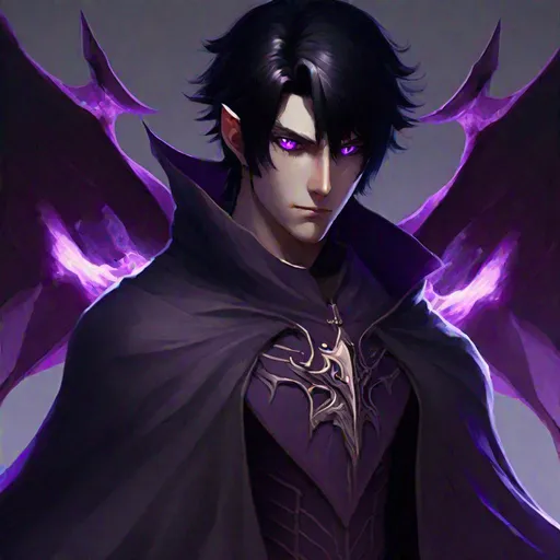 Prompt: Desmosin (male, black hair, purple eyes) wearing a cape, demon
