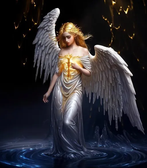 Prompt: Holy, Radiant, Majestic, 3D, HD, Cinematic lighting, ({biblical}{Beautiful}angel, {liquid}gold silver), expansive heavenly background beautiful dark chaos, hyper realistic, 8K --s98500