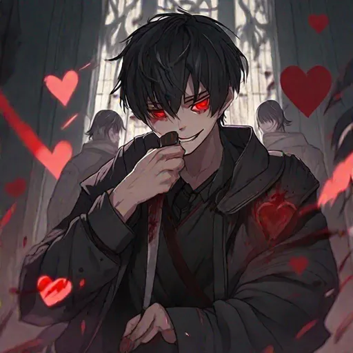 Prompt: Damien (male, short black hair, red eyes) smiling sadistically, eyes wide open, hearts around him,one hand covering his mouth, one hand holding a knife