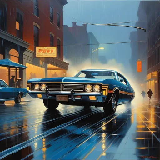 Prompt: 1970s Pittsburgh, car chase, rain, fog, dark blue atmosphere, cartoony style, extremely detailed painting by Greg Rutkowski and by Henry Justice Ford and by Steve Henderson