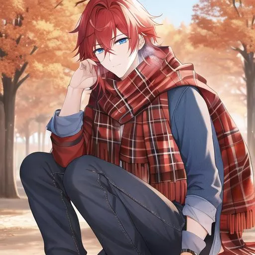 Prompt: Zerif 1male (Red side-swept hair covering his right eye, blue eyes), highly detailed face, wearing a cozy flannel shirt and a pair of stylish jeans. In the park, fall.  wearing a scarf, looking up at the sky, in a pumpkin patch, adult. Handsome,  detailed, UHD, HD, 4K, highly detailed, red haze, masculine, anime style