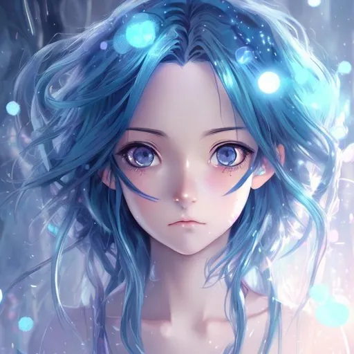 Prompt: anime portrait of a GIRL, anime eyes, beautiful intricate BLUE hair, shimmer in the air, symmetrical, in re:Zero style, concept art, digital painting, looking into camera, square image