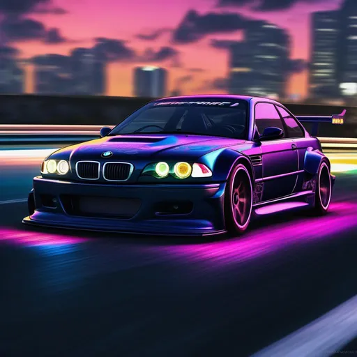 Prompt: 2001 BMW M3 E46 GTR, synthwave, aesthetic cyberpunk, miami, highway, dusk, neon lights, coastal highway, dusk, neon lights, coastal highway, sunset, drift, nurburgring, water on the road, blade runner, 64k, watercolor, macro sharp focus, 8, hyper realistic, cinematic, highly detailed, photoraelistic, clean, metallic