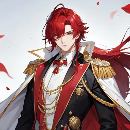 Prompt: Zerif 1male (Red side-swept hair covering his right eye) wearing a royal suit, white cape, 