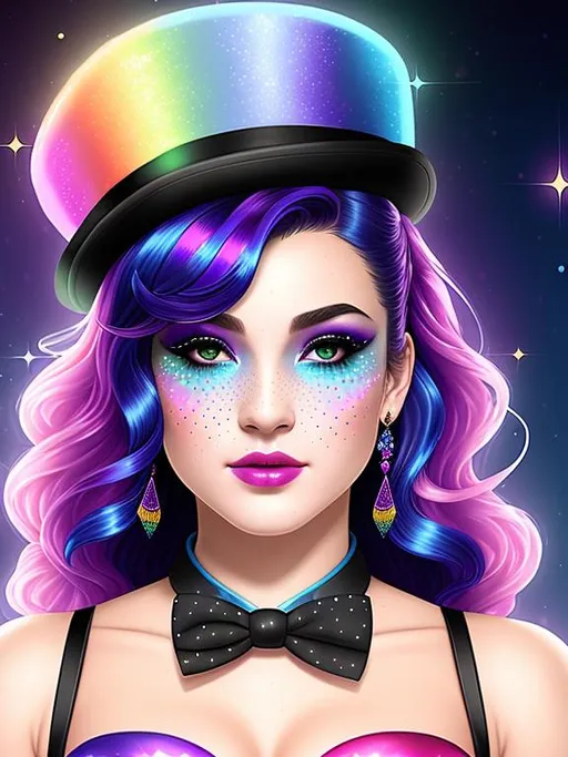 Prompt: Create an 8K resolution digital art portrait of the Goddess of the Dark Rainbow, Aurora, with a young, pop, and elegant appearance. The portrait should be a head and shoulders view, showcasing her as a trickster and entertainer, wearing a black tux and top hat. The style should be fantasy magic with tiny soft freckles, hyper-detailed painting, and dynamic lighting that creates a clear and deep color effect. Use a triadic color scheme and add Unreal Engine 5 volumetric lighting to enhance the overall effect. The portrait should be created by Greg Rutkowski, Artgerm, WLOP, Alphonse Mucha, or one of the other artists known for creating intricate and highly detailed artwork. The environment should also be detailed and intricate, featuring global illumination, and rendered in Unreal Engine 5. The overall effect should be sharp and focused, with a studio photo feel, and trending on ArtStation.