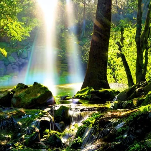 waterfall, tree and sunbeams | OpenArt