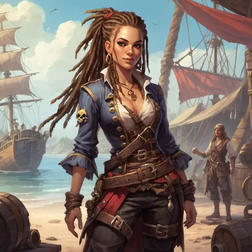 Prompt: Full body, Fantasy illustration of a young female pirate, attractive, dreadlocks, joyfull expression, detailed, high quality, rpg-fantasy, pirate camp in background, painting, art