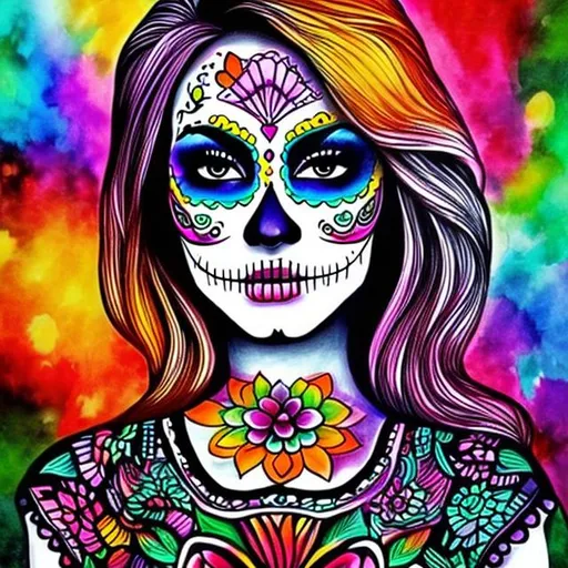 Prompt: female day of the dead hand drawn  colorful