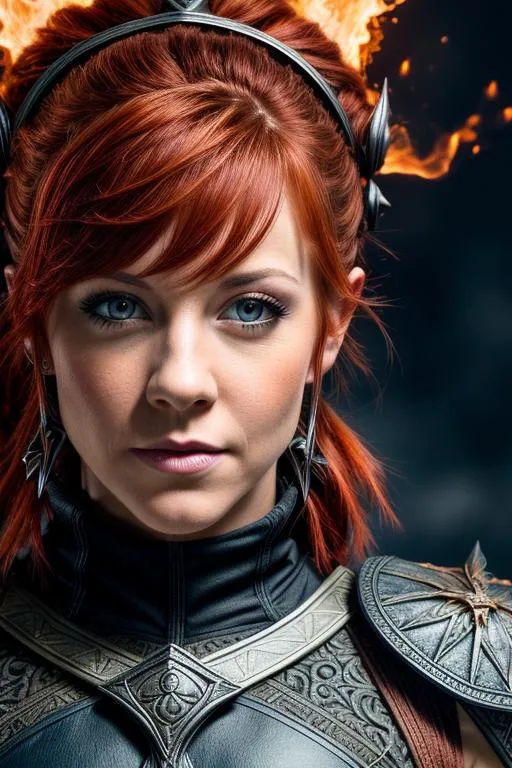 Prompt: a closeup portrait Lindsey Stirling, red hair pulled back, blue eyes, skyrim fire mage armor, intricate detail, high quality, flaming lightning background, intricate detail, high quality, high detail, masterpiece, intricate facial detail, high quality, detailed face, intricate quality, intricate eye detail, highly detailed, high resolution scan, intricate detailed, highly detailed face, Very detailed, high resolution