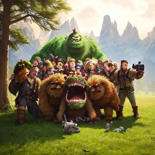 Prompt: Monsters taking a group selfie, photorealistic realistic art style 4k , perfect and detailed faces, posed
