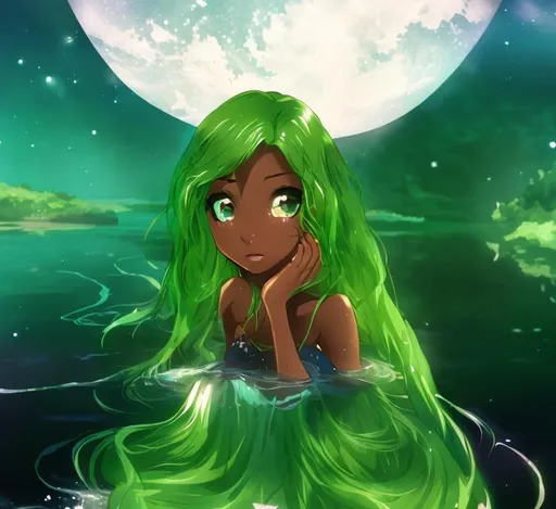 Prompt: Anime, Princess, Ebony Skin, Mermaid, Lake, Water,  Moon, 4k, HD, High Quality, Effect.