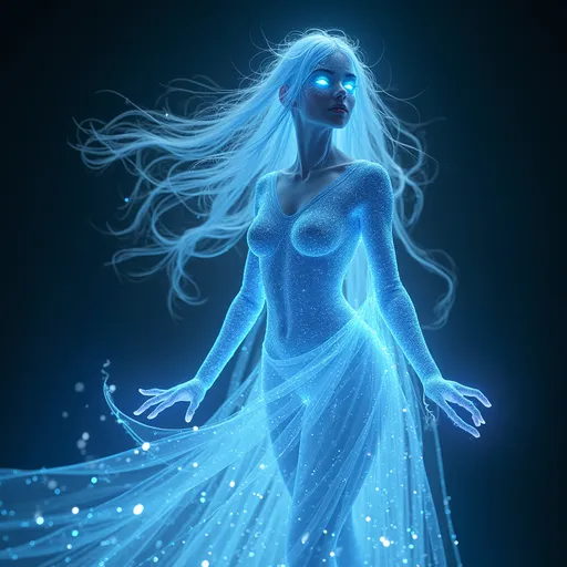 Prompt: Zephyrine Luminara is a mesmerizing creature of pure, radiant plasma, a rarity among her kind. Her form is fluid and ever-shifting, often taking the shape of a slender, graceful woman adorned with delicate tendrils of electric blue and silver light. Her 'hair' is a cascade of plasma currents that flow like liquid silk, reaching down to her waist and often moving of their own accord, dancing to the rhythms of her emotions. Her eyes are twin orbs of swirling cerulean flame, capable of piercing the darkest of spaces with their luminescence. Her 'skin' is a soft, undulating aurora that shimmers with hues of azure and white, reflecting the myriad of stars from her home planet. When at rest, she is a serene vision of cosmic beauty, but when agitated, her form crackles with energy, lightning bolts leaping from her fingertips and her aura pulsing with power. Standing at a height that is both human-like and ethereal, she emits a gentle warmth that is comforting rather than scalding. Her movements are as elegant as they are unpredictable, a testament to the chaotic yet harmonious nature of the plasma she is composed of.