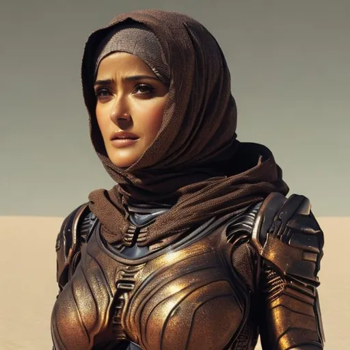 Prompt: salma hayek, detailed face, hijab, beautiful, scifi dune stillsuit, armor, desert tan