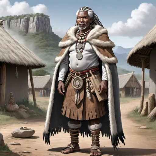 Prompt: Full body, Fantasy illustration of a sangoma, male zulu medicine man, 50 years old, wearing a cape made from lionfur, secretive expression, rich traditional garment, Heather grey hair, high quality, rpg-fantasy, detailed, zulu village background
