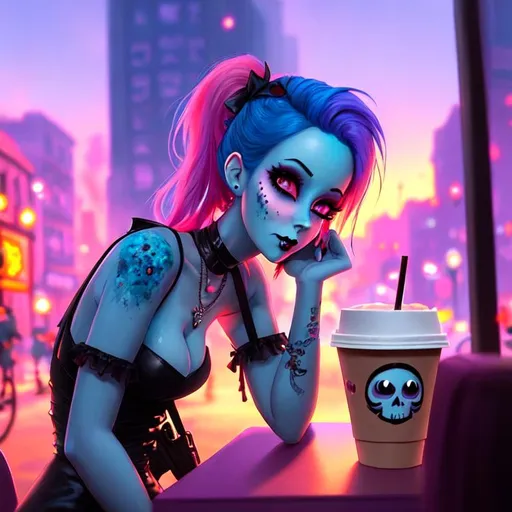 Prompt: Cute Pixar style painting of a beautiful zombie woman, veiny blue skin, pink hair, sitting at a cafe, wearing goth outfit, apocalypse, ((city street on fire)), ruins, coffee, dirty, trash, muted color pallette, ((buildings on fire)), ultra realistic, soft light, dusk, sunset, backlit, vaporwave