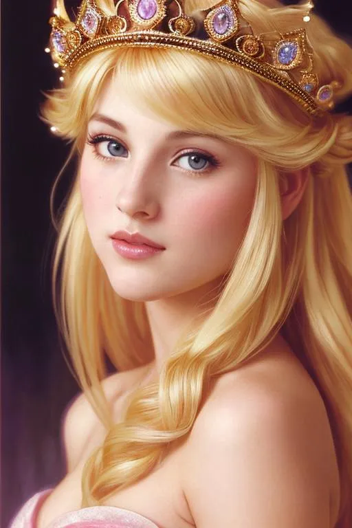 Prompt: Please produce photography of a beautiful princess peach, with a crown, and dress, blonde, hyper realistic, pretty eyes in a professional photoshoot, symmetrical face, princess peach, wearing princess peach's crown
 Bright eyes with highlights . professional lighting, highly detailed  art by greg rutkowski and alphonse mucha add film grain and colour noise slightly open sensual mouth