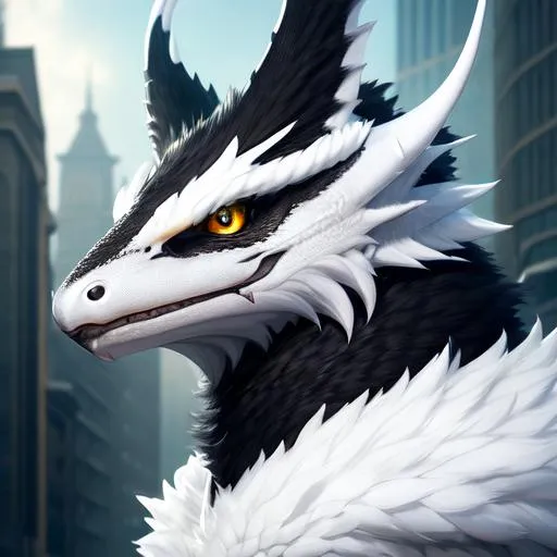 Prompt: Portrait of an anthro wyvern with striking white fur and iridescent black markings and a cute face, liminal space streets, perfect composition, hyperrealistic, super detailed, 8k, high quality, trending art, trending on artstation, sharp focus, studio photo, intricate details, highly detailed, by greg rutkowski