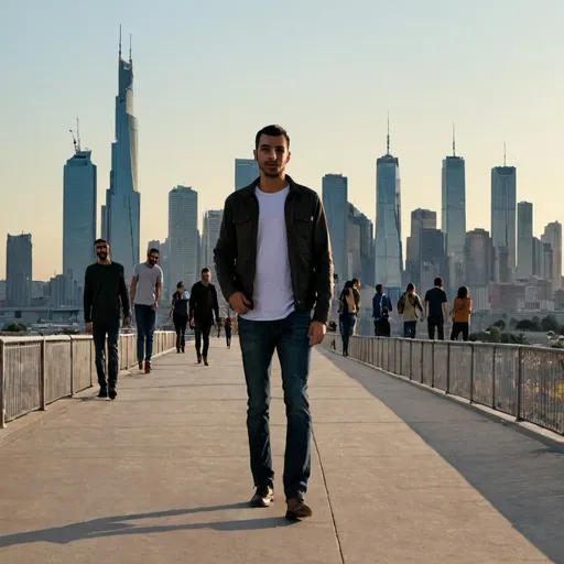 Prompt: a man standing on a walkway in front of a city skyline with people walking around and buildings in the background, Farid Mansour, dau-al-set, city background, a picture