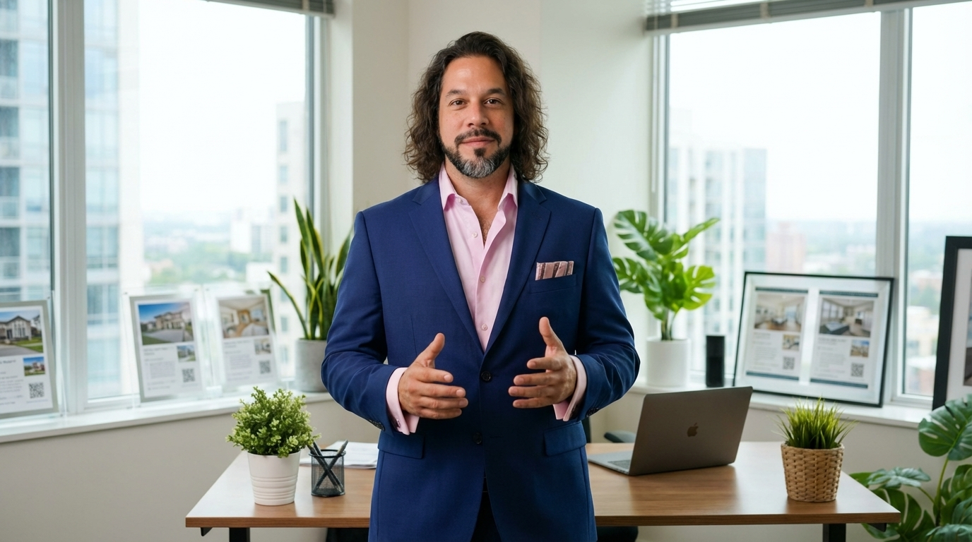 The presenter stands in a modern, well-lit realtor-s...