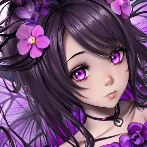 Prompt: Black  fairy goddess, cute, dark eyes, pink and purple flowers, facial closeup
