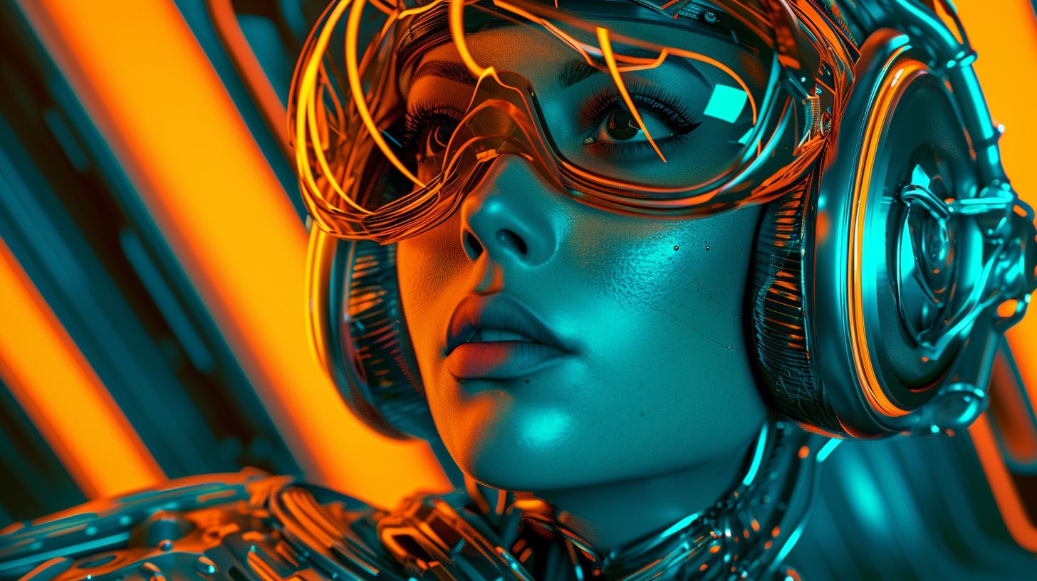 Prompt: 3d photo effects for photoshop/film/video with image, in the style of bold, pop art inspired ing, light turquoise and dark orange, cristina mcallister, robotic motifs, close up, object portraiture specialist, technocore