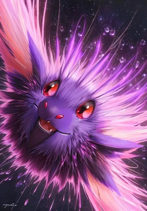 Prompt: UHD, , 8k,  oil painting, Anime,  Very detailed, zoomed out view of character, HD, High Quality, Anime, Pokemon, Venonat is an insect Pokémon with a spherical body covered in purple fur and two purple-pink fly-like eyes. The fur releases a toxic liquid and it spreads when shaken violently off their bodies. A pink pincer-like mouth with two teeth, stubby forepaws, and a pair of two-toed feet are visible through its fur. Its limbs are light tan. There is also a pair of white antennae sprouting from the top of its head. However, the most prominent feature on its face are its large, red compound eyes. Venonat's highly developed eyes act as radar units and can shoot powerful beams.

Venonat can be found in dense temperate forests, where it will sleep in the hole of a tree until nightfall. It sleeps throughout the day because the small insects it feeds on appear only at night. Both Venonat and its prey are attracted to bright lights.

Pokémon by Frank Frazetta