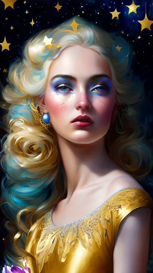 Prompt: a beautiful girl on a dark blue background with gold stars in her hair, shimmer, glow, stars, wavy hair, euphoria makeup, highly detailed girl by artgerm and Edouard Bisson, highly detailed oil painting, portrait of a beautiful person, art by Stanley Artgerm, Charlie Bowater, Atey Ghailan and Mike Mignola,