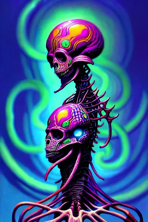 Prompt: a psychedelic portrait of omin dran skeletal mind flayer psion, vibrant color scheme, highly detailed, in the style of romanticism, cinematic, artstation, moebius, greg rutkowski
