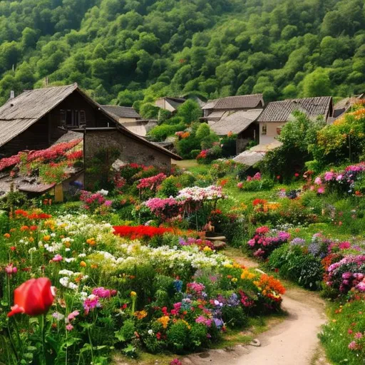 Prompt: a village of flowers and woods 