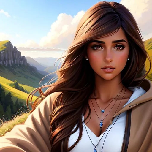 Prompt: Naomi Scott laying on hillside, brown hooded tunic, parted bangs, brown hair, brown eyes, ethereal, jewelry set balayage wild hair, royal vibe, highly detailed, digital painting, Trending on artstation , HD quality, tan skin, Big Eyes,artgerm, by Ilya Kuvshinov 