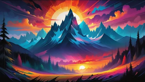 Prompt: epic mountain landscape, forested, beautiful suset, jagged peaks, cacophany of colors and beauty, high contrast, dramtic, action-packed, foreboding, abstract art style, impressionism, masterpiece quality