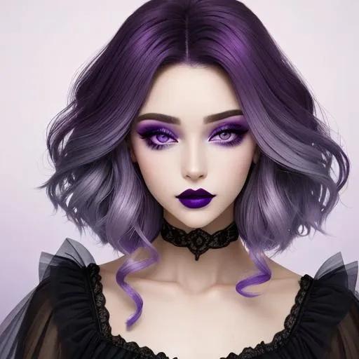 Prompt: A beautiful woman, beautiful face, stunning violet eyes, ombre gradient violet hair, delicate dress ,dark lipstick