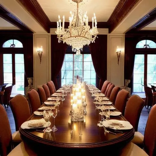 Prompt: "Create an image using this description: a large dining room in a luxurious mansion, filled with natural light from a full moon shining through the windows. The centerpiece of the scene is a long wooden table adorned with elegant dinnerware, crystal stemware, and flickering candles. Six impeccably dressed individuals are seated around the table, engaged in lively conversation as they sip on various types of red and white wine. In the corner of the room lies a woman's semi-clothed form, her sensual curves gently illuminated by the soft light filtering through the windows."

