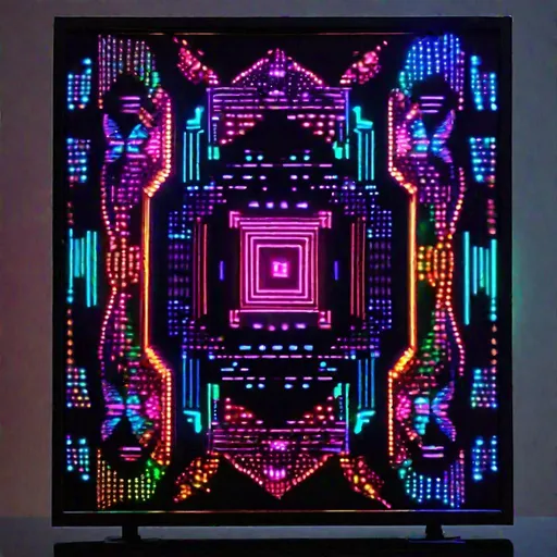 Prompt: Showcase the LED badge prominently with its vibrant and dynamic LED screen.
Depict the LED patterns in captivating colors and intricate designs, illustrating the uniqueness and visual appeal of the patterns. in rectangular led screen on human