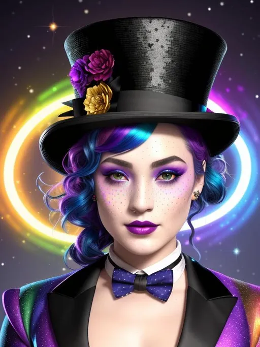 Prompt: Create an 8K resolution digital art portrait of the Goddess of the Dark Rainbow, Aurora, with a young, pop, and elegant appearance. The portrait should be a head and shoulders view, showcasing her as a trickster and entertainer, wearing a black tux and top hat. The style should be fantasy magic with tiny soft freckles, hyper-detailed painting, and dynamic lighting that creates a clear and deep color effect. Use a triadic color scheme and add Unreal Engine 5 volumetric lighting to enhance the overall effect. The portrait should be created by Greg Rutkowski, Artgerm, WLOP, Alphonse Mucha, or one of the other artists known for creating intricate and highly detailed artwork. The environment should also be detailed and intricate, featuring global illumination, and rendered in Unreal Engine 5. The overall effect should be sharp and focused, with a studio photo feel, and trending on ArtStation.