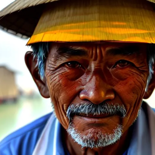 Prompt: A close-up of a Vietnamese old man's face, illuminated by the light of a fire, with a backdrop of a dirty river and a shanty town.