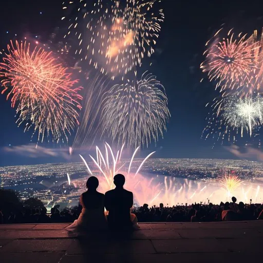 Prompt: Two shadows of two people sitting on a large hill at night looking at fireworks. With stars shing brightly in the sky and the moon with some clouds. With the view of a festival down below them and there kissing